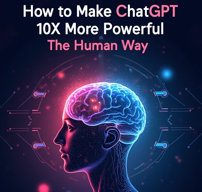 Digital illustration showing a human profile with an illuminated brain, symbolizing how to make ChatGPT 10X more powerful using human strategies.