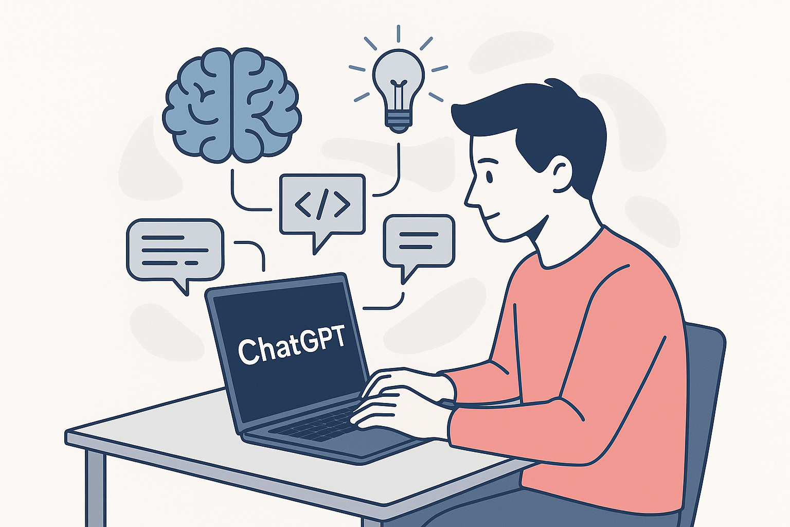 Man using ChatGPT smartly on laptop with AI icons like brain, lightbulb, and code showing how to make ChatGPT smarter and more powerful