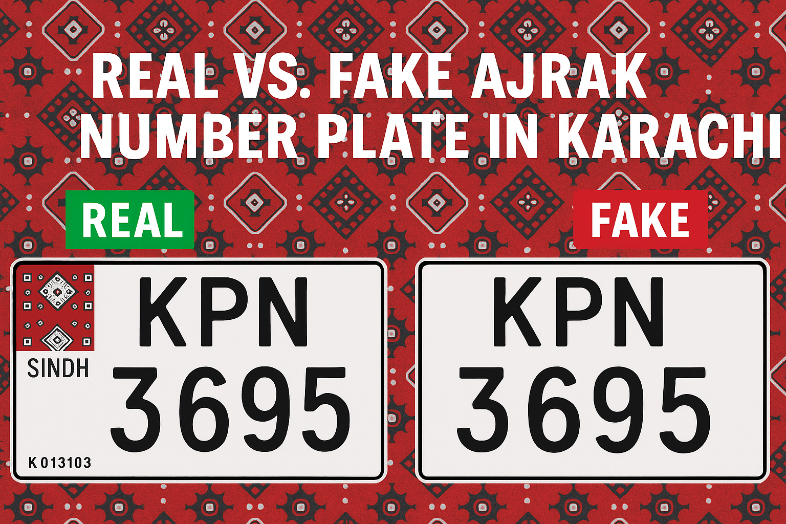 Real Ajrak plate includes official Sindh logo, barcode, and shiny wave pattern digits – fake ones lack these features-dynstywrites.com.