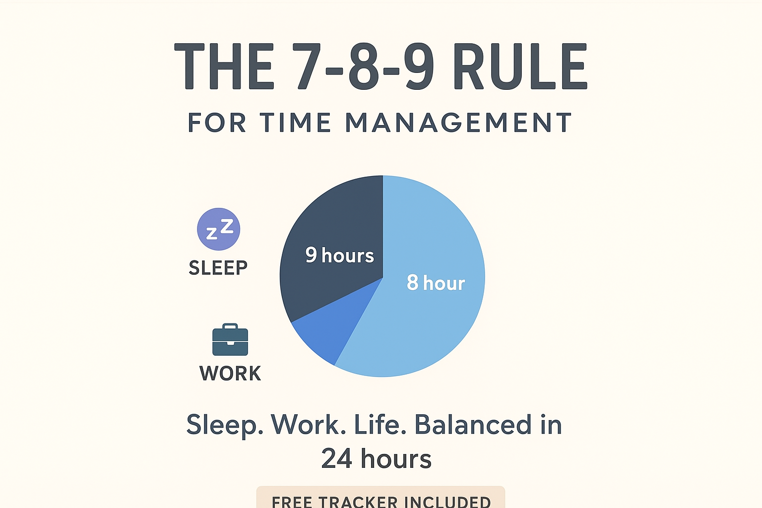 Infographic showing the 7-8-9 time management rule: 7 hours sleep, 8 hours work, 9 hours life balance in a 24-hour day