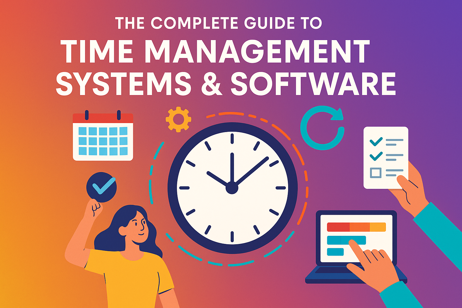 Illustration showing time management systems with daily planner, calendar, and productivity tools